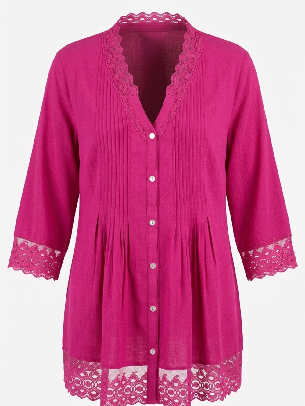 Women's Button-Front Pink Blouse with Lace Trim